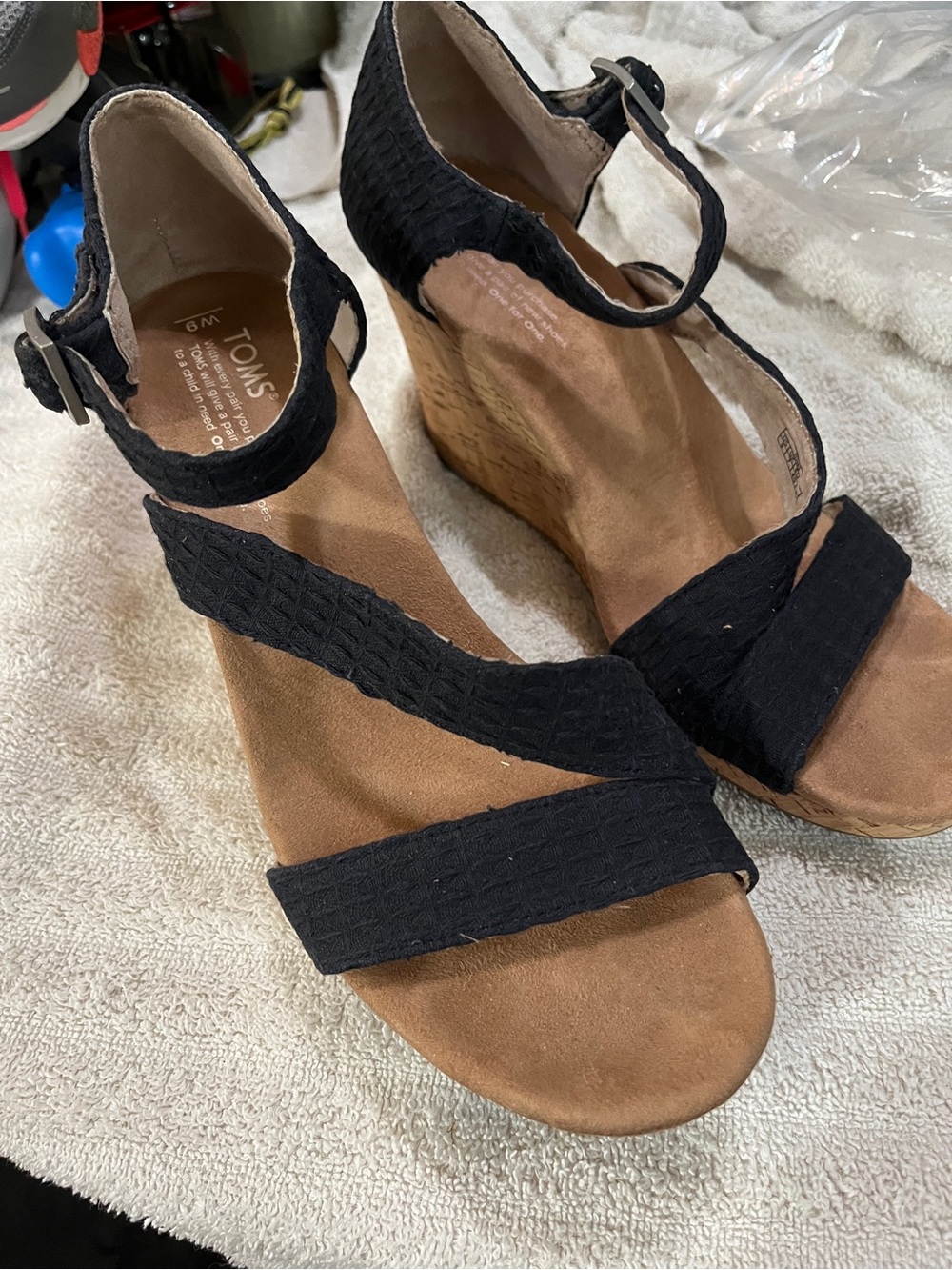 Toms Black Strappy Cork Wedge Sandals 6m